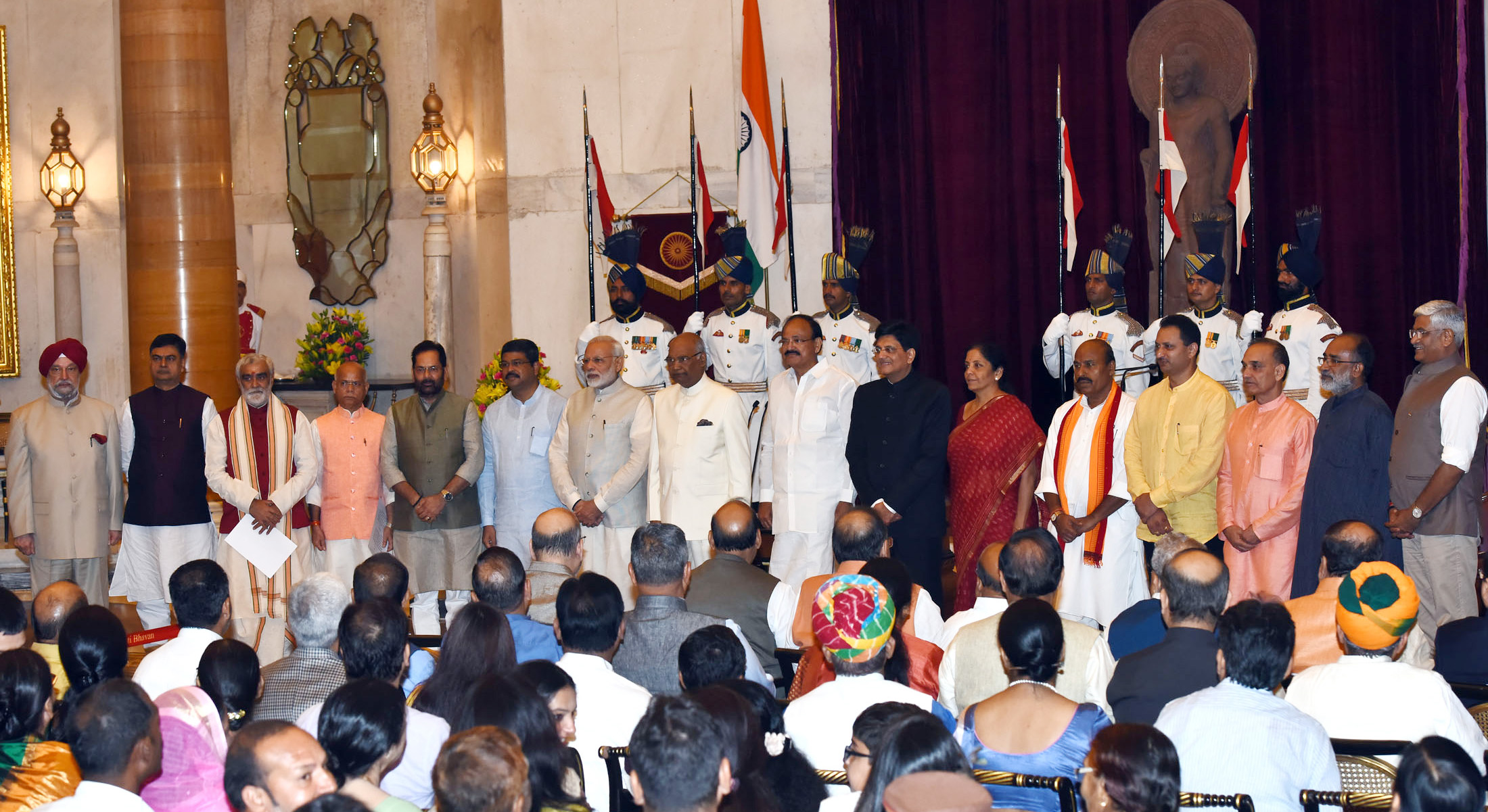 The President, Shri Ram Nath Kovind, the Vice President, Shri M. Venkaiah Naidu and the Prime Minister, Shri Narendra Modi with the newly inducted Ministers after a Swearing-in Ceremony, at Rashtrapati Bhavan, in New Delhi on September 03, 2017.