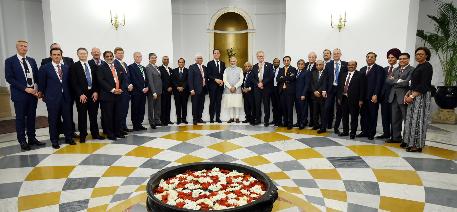The Prime Minister, Shri Narendra Modi and the Prime Minister of the Kingdom of Netherlands, Mr. Mark Rutte in a group photograph with the CEOs of India and Netherlands, at Hyderabad House, in New Delhi on May 24, 2018.