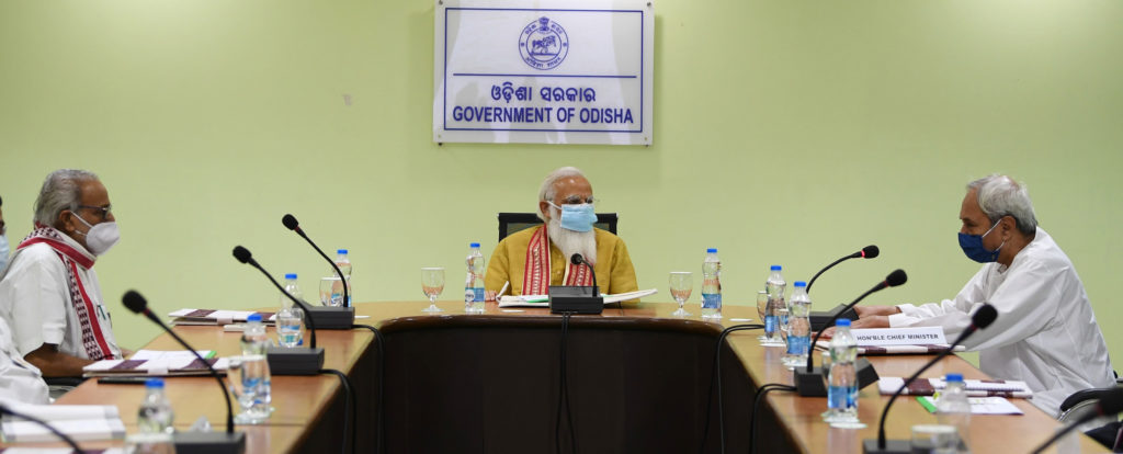 The Prime Minister, Shri Narendra Modi chairing a meeting to review the impact of Cyclone Yaas, in Odisha on May 28, 2021.