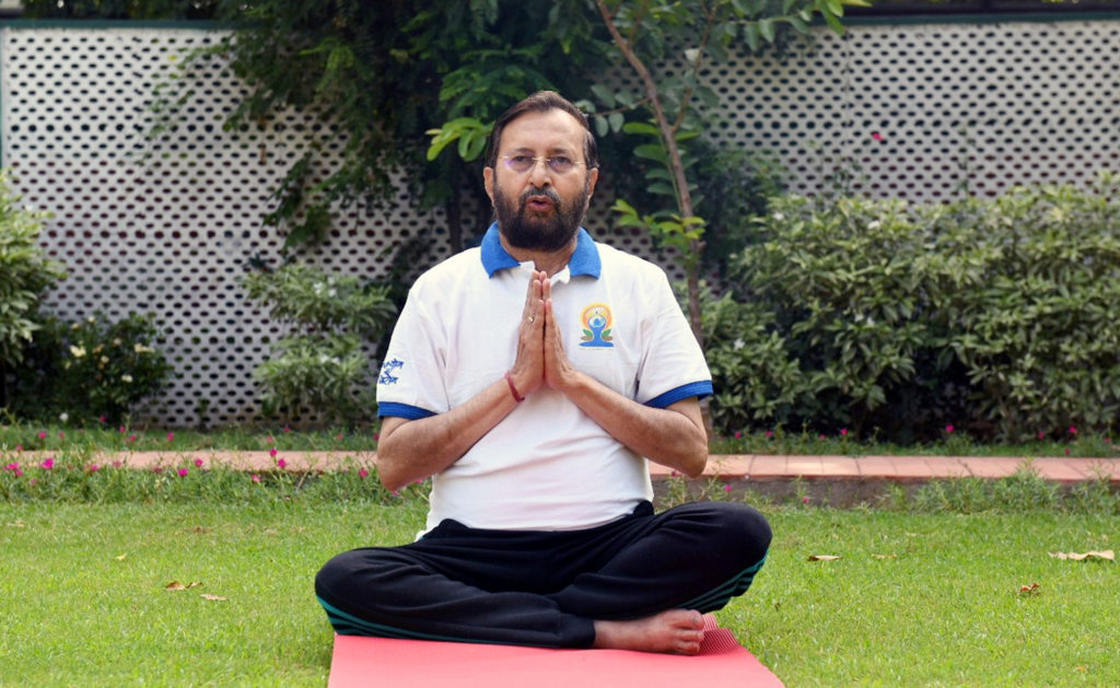 The Union Minister for Environment, Forest & Climate Change, Information & Broadcasting and Heavy Industries and Public Enterprise, Shri Prakash Javadekar performing Yoga, on the occasion of the 7th International Day of Yoga 2021, at Red Fort, Delhi on June 21, 2021.