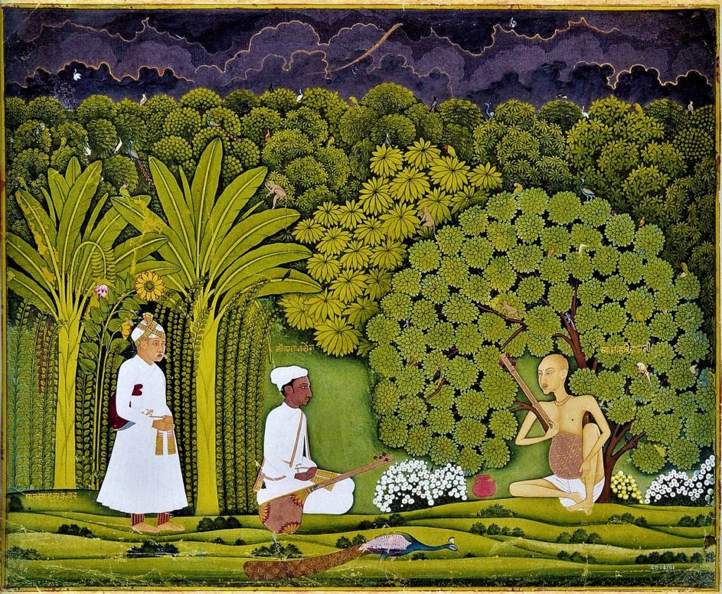 Akbar and Tansen visit Swami Haridas in Vrindavan. Swami Haridas is to the right, playing the lute; Akbar is to the left, dressed as a common man; Tansen is in the middle, listening to Haridas. Jaipur-Kishangarh mixed style, ca. 1750