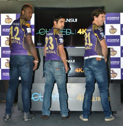 Andre Russell, Gautam Gambhir, Brad Hogg of Team KKR at the launch of all new Sansui Curve 4K Ultra HD LED TV.