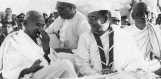 Members of the Indian National Congress (foreground left to right) Mahatma Gandhi (Mohandas Karamchand Gandhi, 1869 - 1948), Subhas Chandra Bose (1897 - 1945) and Vallabhai Patel (1875-1950) during the 51st Indian National Congress.