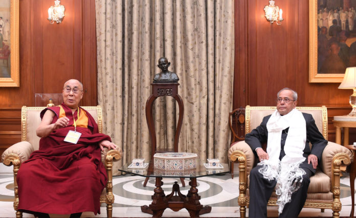 His Holiness Dalai Lama calling on the President, Shri Pranab Mukherjee, at Rashtrapati Bhavan, in New Delhi on December 11, 2016.