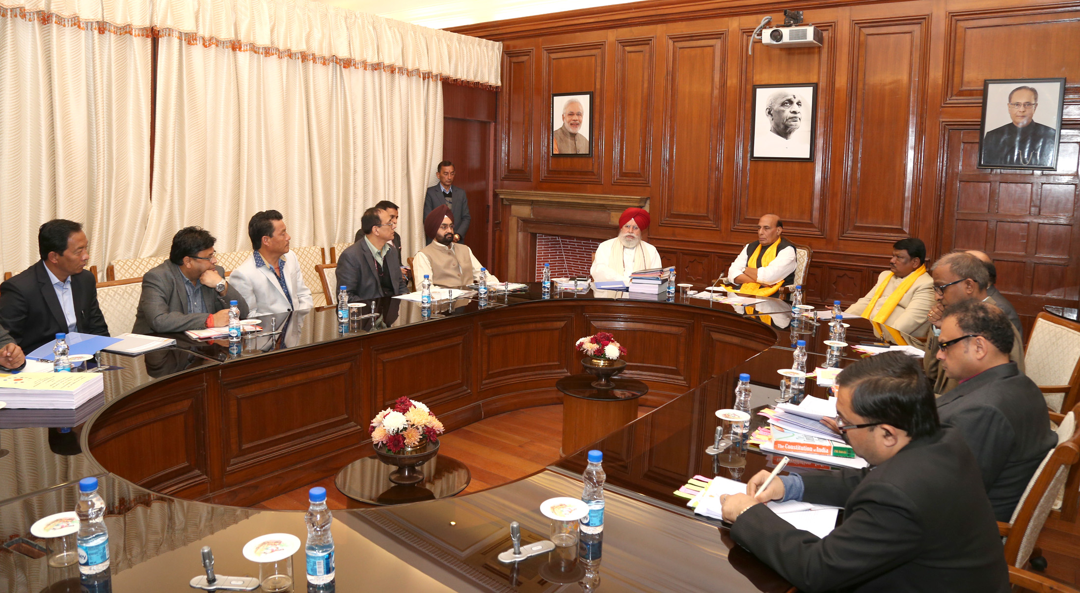 The Union Home Minister, Shri Rajnath Singh chairing a meeting with the delegation of Gorkhaland Territorial Administration (GTA), in New Delhi on December 15, 2016. The Union Minister for Tribal Affairs, Shri Jual Oram, the Minister of State for Agriculture & Farmers Welfare and Parliamentary Affairs, Shri S.S. Ahluwalia and senior officers of the Ministry of Home Affairs, Ministry of Human Resource Development and Ministry of Panchayati Raj are also seen.