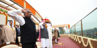 The President, Shri Pranab Mukherjee and the Prime Minister, Shri Narendra Modi with the Chief Guest of the Republic Day, The Crown Prince of Abu Dhabi, Deputy Supreme Commander of U.A.E. Armed Forces, General Sheikh Mohammed Bin Zayed Al Nahyan, at Rajpath, on the occasion of the 68th Republic Day Parade 2017, in New Delhi on January 26, 2017. The Union Minister for Defence, Shri Manohar Parrikar is also seen.