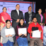 The Minister of State for Development of North Eastern Region (I/C), Prime Ministers Office, Personnel, Public Grievances & Pensions, Atomic Energy and Space, Dr. Jitendra Singh with the award winners, at an Inter-College Northeast cultural event of Delhi University, at Daulat Ram College, New Delhi on January 27, 2017.
