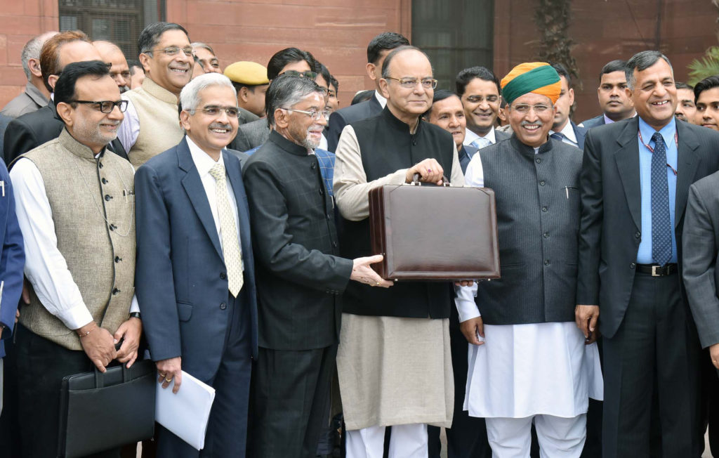 The Union Minister for Finance and Corporate Affairs, Shri Arun Jaitley departs from North Block to Rashtrapati Bhavan and Parliament House, along with the Minister of State for Finance and Corporate Affairs, Shri Arjun Ram Meghwal, the Minister of State for Finance, Shri Santosh Kumar Gangwar and the senior officials to present the General Budget 2017-18, in New Delhi on February 01, 2017.