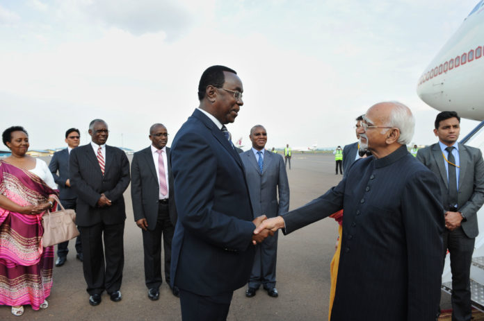 The Vice President, Shri M. Hamid Ansari being received by the President of Senate of Rwanda, Mr. Mukuza Bernard, on his arrival, at the Kigali International Airport, in Kigali, Rwanda on February 19, 2017.