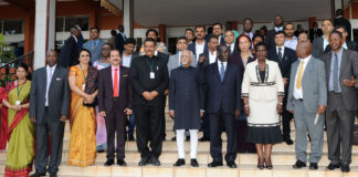 Vice President Shri M. Hamid Ansari with the delegates at the India-Uganda Business Meeting, in Kampala