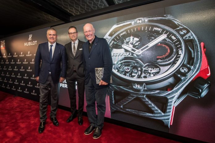 Ricardo GUADALUPE (Hublot CEO), Flavio MANZONI (Ferrari Head of Design), Jean-Claude BIVER (Hublot Chairman and President of LVMH Watch Division) unveil the Hublot Techframe timepiece