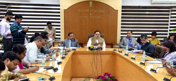 The Union Minister for Health & Family Welfare, Shri J.P. Nadda briefing the media on National Health Policy, 2017, in New Delhi on March 16, 2017. The Secretary (Health and Family Welfare), Shri C.K. Mishra is also seen.