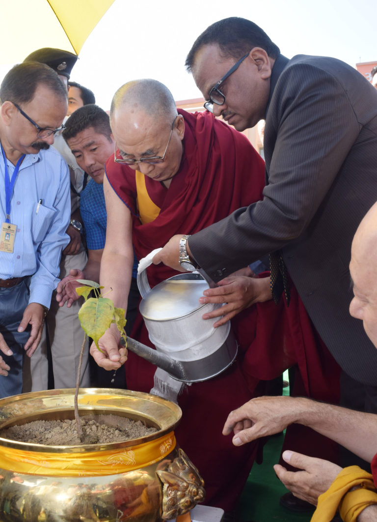 His Holiness the Dalai Lama planting a sapling of the Bodhi Tree at the Nava Nalanda Mahavihara University campus, at Rajgir, in Nalanda district of Bihar on March 18, 2017. The Vice-Chancellor of the Nava Nalanda Mahavihara University, Shri M.L. Srivastava is also seen.