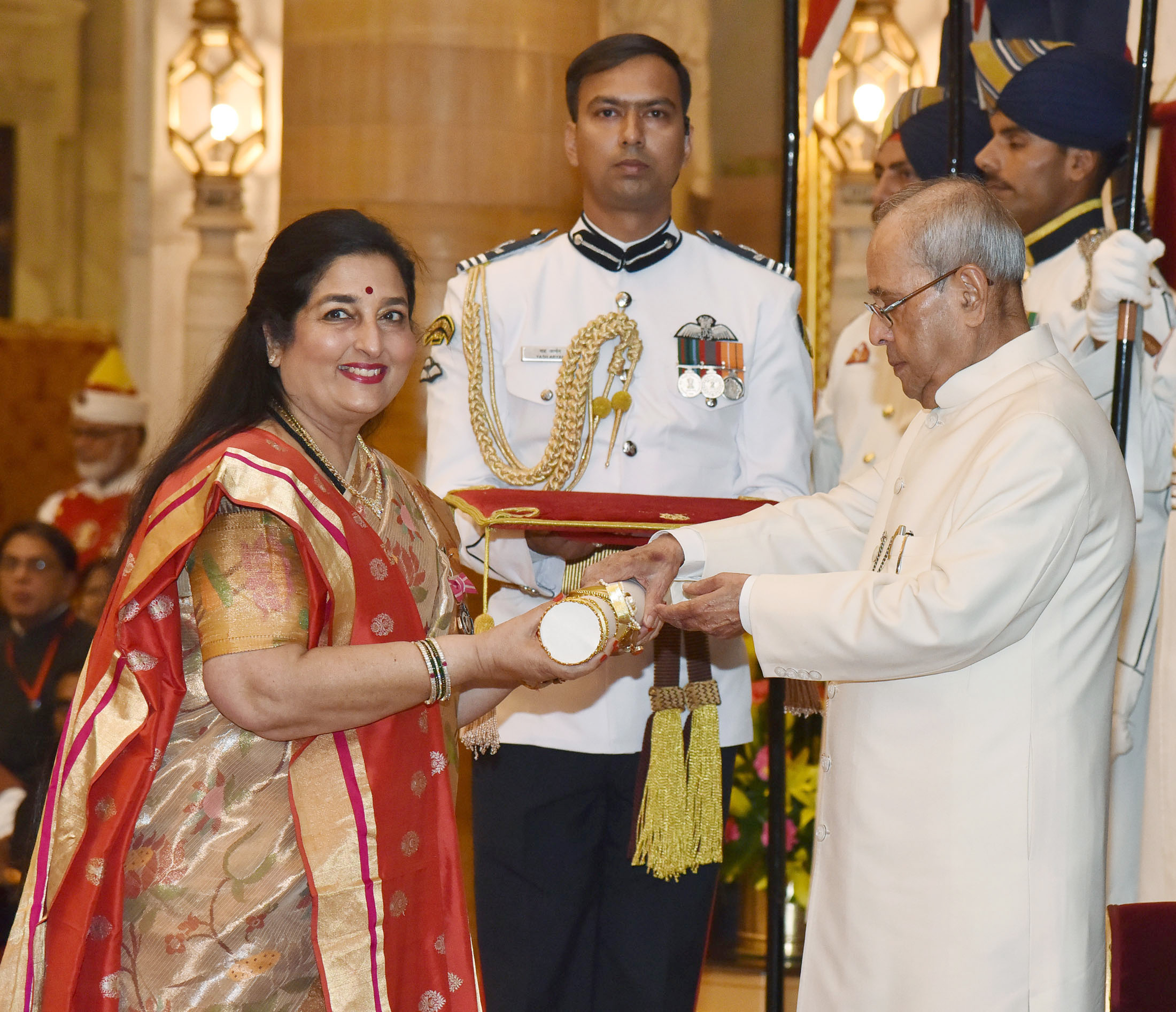 The President, Shri Pranab Mukherjee presenting the Padma Shri Award to Dr. Anuradha Paudwal, at a Civil Investiture Ceremony, at Rashtrapati Bhavan, in New Delhi on March 30, 2017.