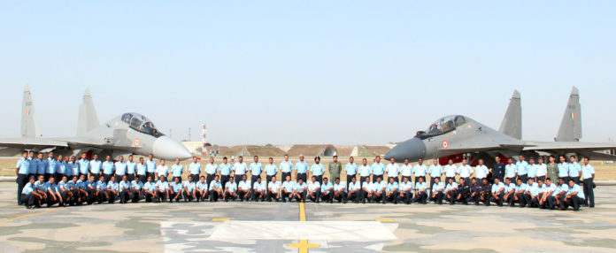 The Air Officer Commanding-in- Chief Western Air Command, Air Marshal C. Hari Kumar with the Squadron personnel of THE VALIANTS, during the induction ceremony of SU 30 MKI, at Air Force Station, Halwara (Punjab) on April 24, 2017.