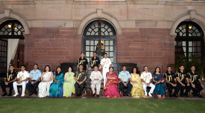 The President, Shri Pranab Mukherjee in a group photograph at the Second Official reunion of Aides-de-camp (AsDC) to the President, at Rashtrapati Bhavan on April 29, 2017.