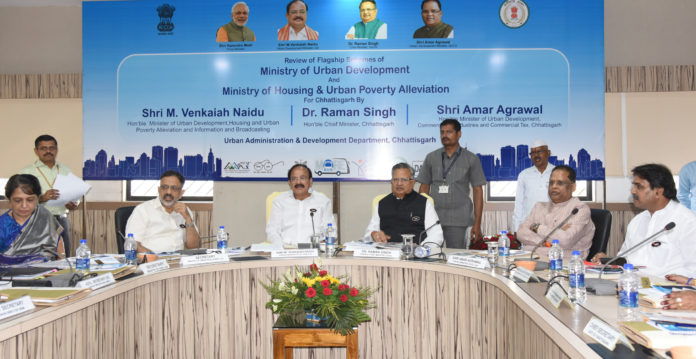 The Union Minister for Urban Development, Housing & Urban Poverty Alleviation and Information & Broadcasting, Shri M. Venkaiah Naidu reviewing the implementation of flagship schemes of M/o Urban Development, Housing & Urban Poverty Alleviation, in the presence of the Chief Minister of Chhattisgarh, Dr. Raman Singh, at Raipur, Chhattisgarh on May 26, 2017.