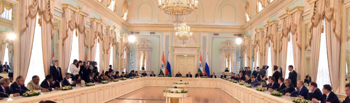 The Prime Minister, Shri Narendra Modi and the President of Russian Federation, Mr. Vladimir Putin, at India-Russia CEOs meeting, at Konstantin Palace, in St. Petersburg, Russia on June 01, 2017.