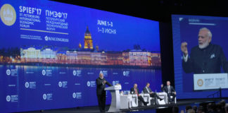The Prime Minister, Shri Narendra Modi addressing the plenary session of St. Petersburg International Economic Forum (SPIEF2017), in St. Petersburg, Russia on June 02, 2017. The President of Russian Federation, Mr. Vladimir Putin and other dignitaries are also seen.