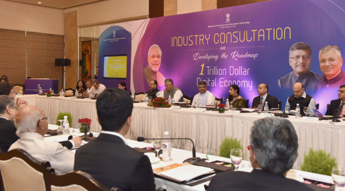 The Union Minister for Electronics & Information Technology and Law & Justice, Shri Ravi Shankar Prasad chairing a High Level Round Table with Pioneers of Industry for developing the roadmap for one Trillion Dollar Digital Economy of India, organised by MEITY, in New Delhi on June 16, 2017. The Minister of State for Electronics & Information Technology and Law & Justice, Shri P.P. Chaudhary, the Secretary, Ministry of Electronics & Information Technology, Ms. Aruna Sundararajan and other dignitaries are also seen.