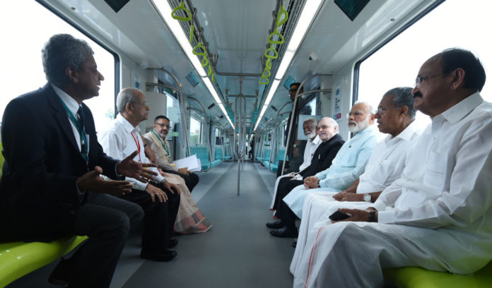 The Prime Minister, Shri Narendra Modi and other dignitaries take a ride on Kochi Metro, in Kerala on June 17, 2017.