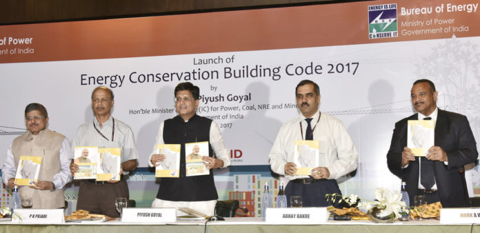 The Minister of State for Power, Coal, New and Renewable Energy and Mines (Independent Charge), Shri Piyush Goyal launching the Energy Conservation Building Code 2017, developed by the Bureau of Energy Efficiency, at a function, in New Delhi on June 19, 2017. The Secretary, Ministry of Power, Shri P.K. Pujari and other dignitaries are also seen.
