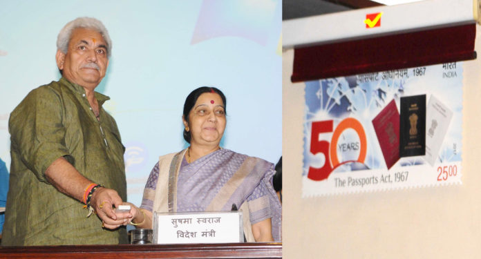 The Union Minister for External Affairs, Smt. Sushma Swaraj alongwith the Minister of State for Communications (Independent Charge) and Railways, Shri Manoj Sinha releasing the commemorative postage stamp to mark the completion of 50 years of the Passport Act, in New Delhi on June 23, 2017.