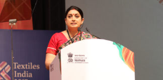 The Union Minister for Textiles, Smt. Smriti Irani addressing at the inauguration ceremony of the Textiles India 2017, in Gandhinagar, Gujarat on June 30, 2017.