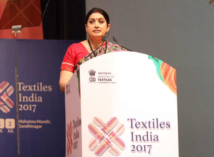 The Union Minister for Textiles, Smt. Smriti Irani addressing at the inauguration ceremony of the Textiles India 2017, in Gandhinagar, Gujarat on June 30, 2017.