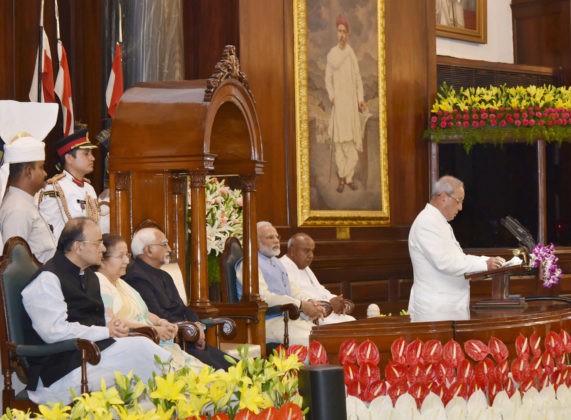 The President, Shri Pranab Mukherjee addressing at the ceremony to launch the Goods &amp; Service Tax (GST), in Central Hall of Parliament, in New Delhi on June 30, 2017. The Vice President, Shri M. Hamid Ansari, the Prime Minister, Shri Narendra Modi and other dignitaries are also seen.