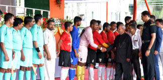 The President, Shri Pranab Mukherjee being introduced to the players of football teams at the inauguration of the 7th edition of KKM Memorial Gold Cup-Rural Football Tournament 2017, at Mackenzie Park Football Ground, Murshidabad, in West Bengal on July 14, 2017.