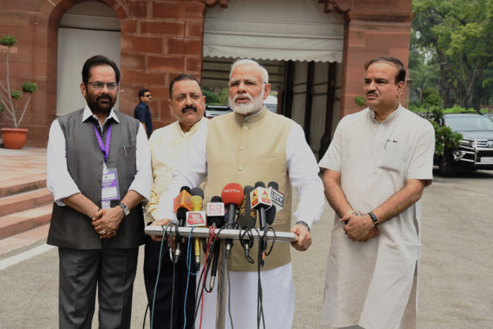The Prime Minister, Shri Narendra Modi interacting with the media at the start of Monsoon Session of Parliament, in New Delhi on July 17, 2017. The Union Minister for Chemicals & Fertilizers and Parliamentary Affairs, Shri Ananth Kumar, the Minister of State for Development of North Eastern Region (I/C), Prime Ministers Office, Personnel, Public Grievances & Pensions, Atomic Energy and Space, Dr. Jitendra Singh and the Minister of State for Minority Affairs (Independent Charge) and Parliamentary Affairs, Shri Mukhtar Abbas Naqvi are also seen.