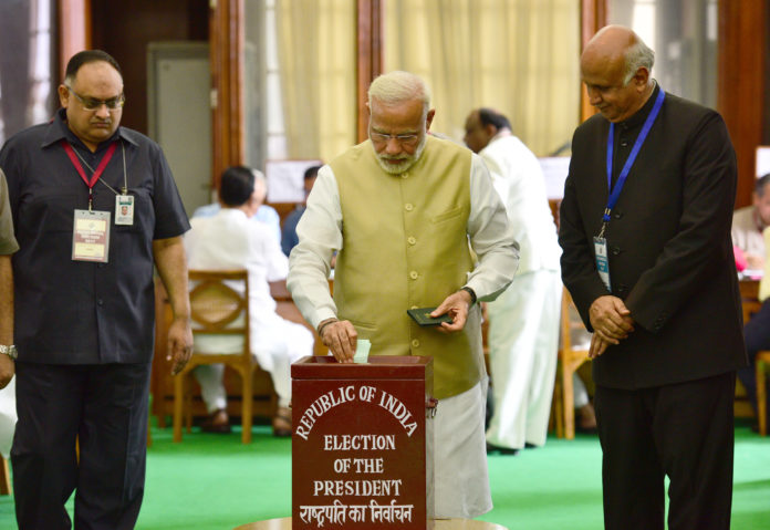 The Prime Minister, Shri Narendra Modi casting his vote in the Presidential Election, in New Delhi on July 17, 2017.