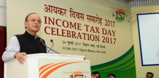 The Union Minister for Finance, Corporate Affairs and Defence, Shri Arun Jaitley addressing the gathering on the occasion of the Income Tax Day Celebration 2017, in New Delhi on July 24, 2017. The Minister of State for Finance, Shri Santosh Kumar Gangwar and the Revenue Secretary, Dr. Hasmukh Adhia are also seen.