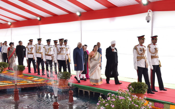The President, Shri Pranab Mukherjee, the President-elect, Shri Ram Nath Kovind, the Vice President, Shri M. Hamid Ansari, the Speaker, Lok Sabha, Smt. Sumitra Mahajan and the Chief Justice of India, Shri Justice J.S. Khehar in a ceremonial procession at Parliament House for swearing-in ceremony of the President of India, in New Delhi on July 25, 2017.