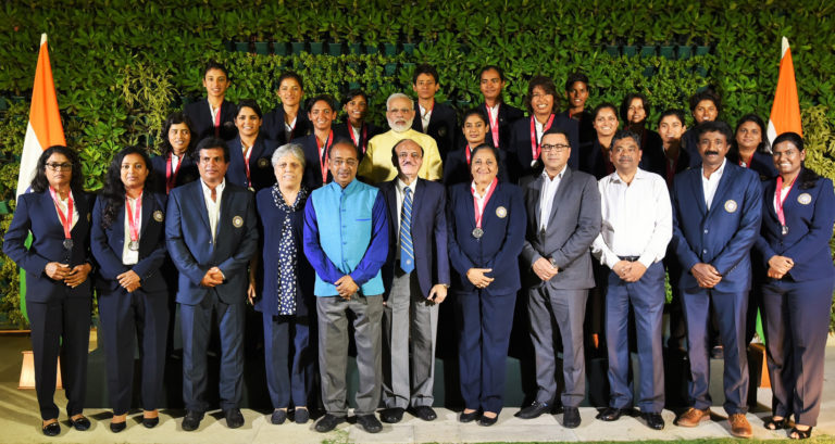 The Prime Minister, Shri Narendra Modi interacting with the Indian Women Cricket Team, in New Delhi on July 27, 2017. The Minister of State for Youth Affairs and Sports (I/C), Water Resources, River Development and Ganga Rejuvenation, Shri Vijay Goel and other dignitaries are also seen.