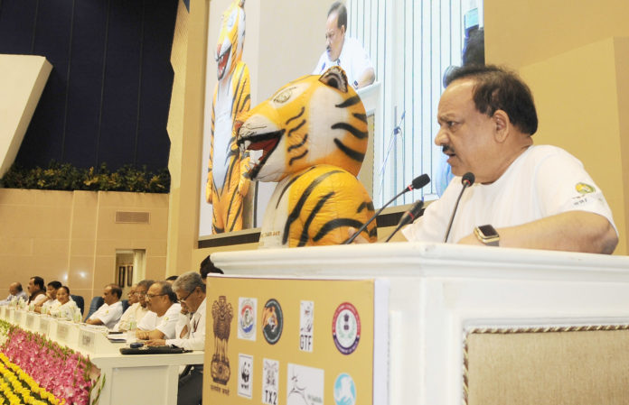 The Union Minister for Science & Technology, Earth Sciences and Environment, Forest & Climate Change, Dr. Harsh Vardhan addressing at the celebration of the Global Tiger Day, in New Delhi on July 29, 2017.