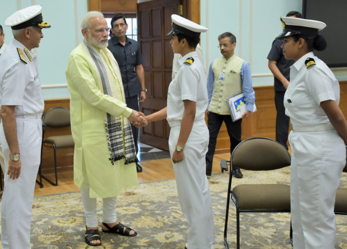 The Prime Minister, Shri Narendra Modi meeting Lt. Commander Vartika Joshi of Navika Sagar Parikrama expedition, in New Delhi on August 16, 2017. The Chief of Naval Staff, Admiral Sunil Lanba is also seen.
