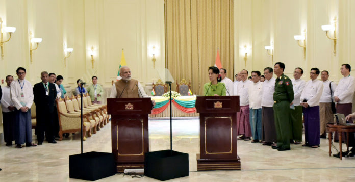 The Prime Minister, Shri Narendra Modi delivering his statement during the joint media briefing with the State Counsellor of Myanmar, Ms. Aung San Suu Kyi, at Presidential Palace, in Naypyidaw, Myanmar on September 06, 2017.