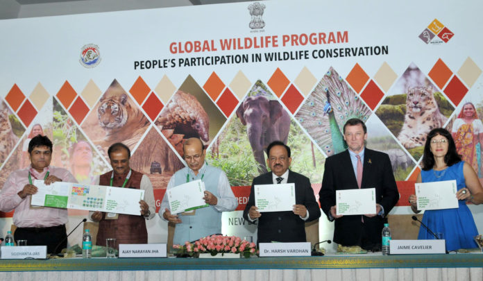 The Union Minister for Science & Technology, Earth Sciences and Environment, Forest & Climate Change, Dr. Harsh Vardhan launching the India National Wildlife Action Plan 2017-2031, at the inauguration of the Global Wildlife Programme, in New Delhi on October 02, 2017. The Secretary, Ministry of Environment, Forest and Climate Change, Shri Ajay Narayan Jha and other dignitaries are also seen.