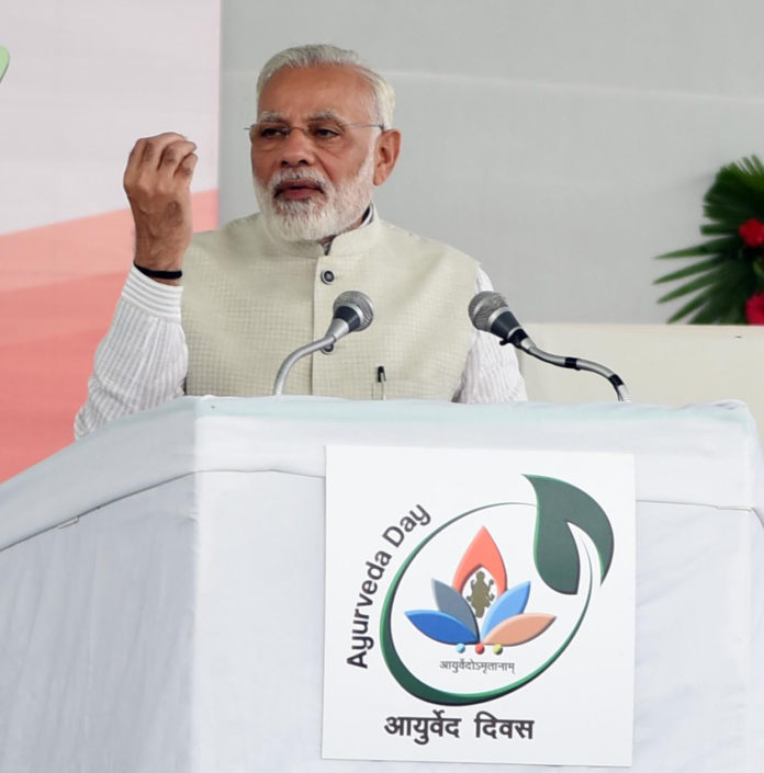 The Prime Minister, Shri Narendra Modi addressing at an event to dedicate first ever All India Institute of Ayurveda to the nation on the occasion of 2nd Ayurveda Day, in New Delhi on October 17, 2017.