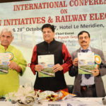 The Union Minister for Railways and Coal, Shri Piyush Goyal releasing the souvenir, at the inauguration of the International Conference on Green Initiatives & Railway Electrification, organised by the Ministry of Railways through Institution of Railways Electrical Engineer (IREE), in New Delhi on October 27, 2017. The Minister of State for Communications (I/C) and Railways, Shri Manoj Sinha, the Member Traction Railway Board & Patron, IREE, Shri Ghanshyam Singh and other dignitaries are also seen.