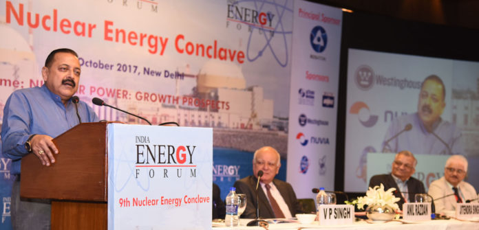 The Minister of State for Development of North Eastern Region (I/C), Prime Ministers Office, Personnel, Public Grievances & Pensions, Atomic Energy and Space, Dr. Jitendra Singh delivering the inaugural address at the 9th Nuclear Energy Conclave, in New Delhi on October 27, 2017.