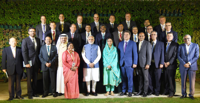 The Prime Minister, Shri Narendra Modi with the Global CEOs of the Food Processing Sector as part of the ongoing World Food India event, in New Delhi on November 03, 2017. The Union Minister for Food Processing Industries, Smt. Harsimrat Kaur Badal and the Minister of State for Food Processing Industries, Sadhvi Niranjan Jyoti are also seen.