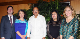 The Vice President, Shri M. Venkaiah Naidu with the Members of British Parliament, Mr. Dan Carden, Ms. Anna McMorrin, Ms. Preet Gill and Ms. Sarah Champion, in New Delhi on November 09, 2017.