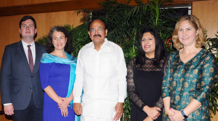 The Vice President, Shri M. Venkaiah Naidu with the Members of British Parliament, Mr. Dan Carden, Ms. Anna McMorrin, Ms. Preet Gill and Ms. Sarah Champion, in New Delhi on November 09, 2017.