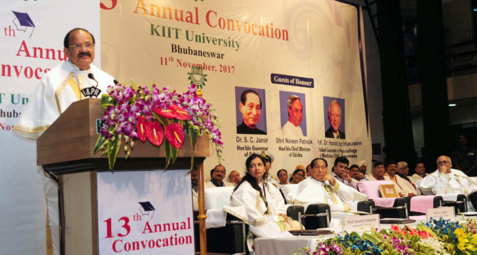 The Vice President, Shri M. Venkaiah Naidu delivering the convocational address of the 13th Annual Convocation of Kalinga Institute of Industrial Technology University, in Bhubaneswar on November 11, 2017. The Governor of Odisha, Shri S.C. Jamir is also seen.