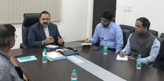 The Minister of State for Development of North Eastern Region (I/C), Prime Ministers Office, Personnel, Public Grievances & Pensions, Atomic Energy and Space, Dr. Jitendra Singh chairing a meeting to review the status of Indias first-ever Air Dispensary service to be introduced in Northeast, in New Delhi on November 12, 2017.