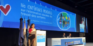 The Union Minister for Women and Child Development, Smt. Maneka Sanjay Gandhi makes country statement at the plenary session of 4th Global Conference on Sustained Eradication of Child Labour, at Buenos Aires, Argentina on November 15, 2017.