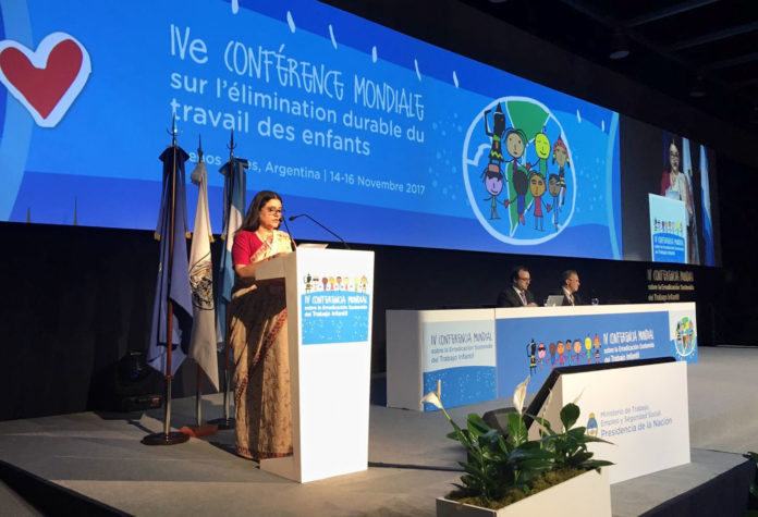 The Union Minister for Women and Child Development, Smt. Maneka Sanjay Gandhi makes country statement at the plenary session of 4th Global Conference on Sustained Eradication of Child Labour, at Buenos Aires, Argentina on November 15, 2017.